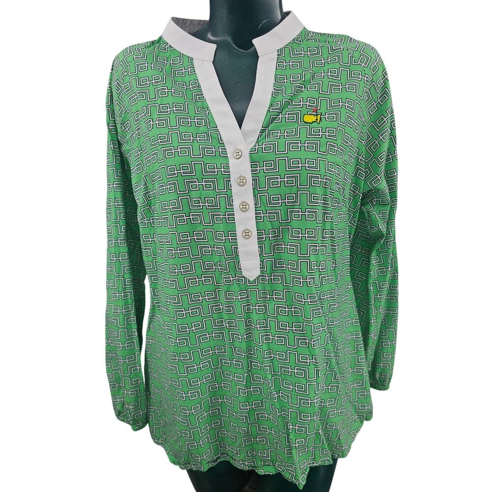 Masters Peter Millar Cut Grass Green Geometric Golf Tunic Top Women's M 3980